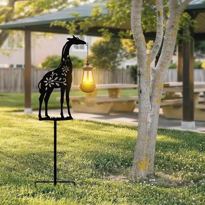 Solar Giraffe Garden Stakes Outdoor Solar Decor Metal Giraffe Holding Solar Lantern Decorative Garden Metal Animal Stakes Outdoor Giraffe Silhouette Stakes by GreenHaven Gardens