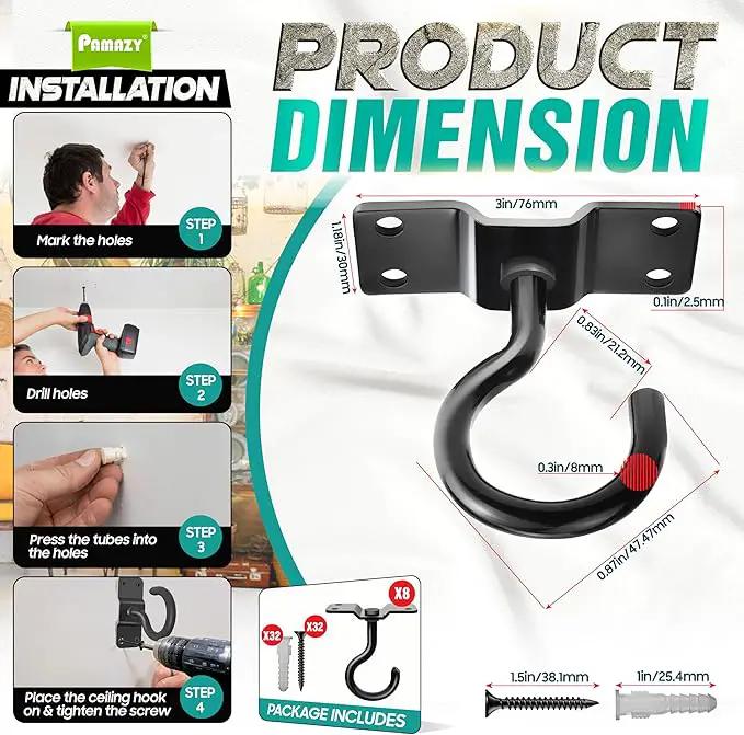 [Upgraded] 8Pcs 200LBS Rotatable Ceiling Hooks with 4 Screw Points Plate Base, Black Wall Mount Metal Hanger for Hanging Plants, Bird Feeders, Lanterns, Lights, Wind Chimes, Indoor Outdoor Decor by GreenHaven Gardens