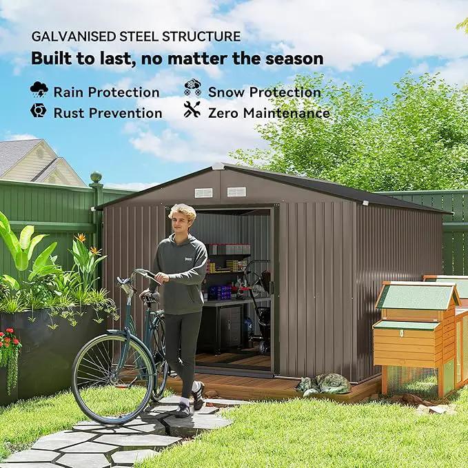 Outsunny 11' x 9' Outdoor Storage Shed, Garden Tool Metal Shed with Foundation Kit, Double Lockable Door, Air Vents and Sloping Roof, for Backyard, Patio, Lawn, Brown by GreenHaven Gardens