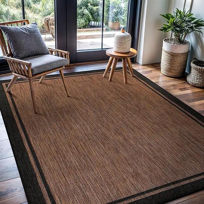 CAMILSON Indoor Outdoor Rug, 10x14 Bordered Nut Brown Black Modern Area Rugs for Indoor and Outdoor Patios, Kitchen and Hallway Mats, Washable Porch Deck Outside Carpet (Border Nut Brown Black 10 x14) by GreenHaven Gardens