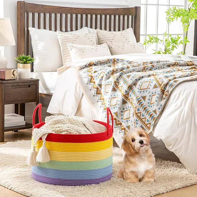 KAKAMAY Large Blanket Basket (20"x13"),Woven Baskets for storage Baby Laundry Hamper, Cotton Rope Blanket Basket for Living Room, Laundry, Nursery, Pillows, Baby Toy chest (Rainbow) by GreenHaven Gardens