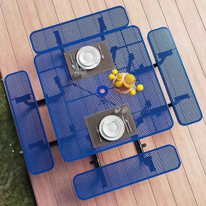 Metal Picnic Tables for Outdoors with Umbrella Hole - Coated Steel Heavy Duty Commercial Grade Table with Adjustable Seats (Blue, 46 in, Square, Punched Steel) by GreenHaven Gardens