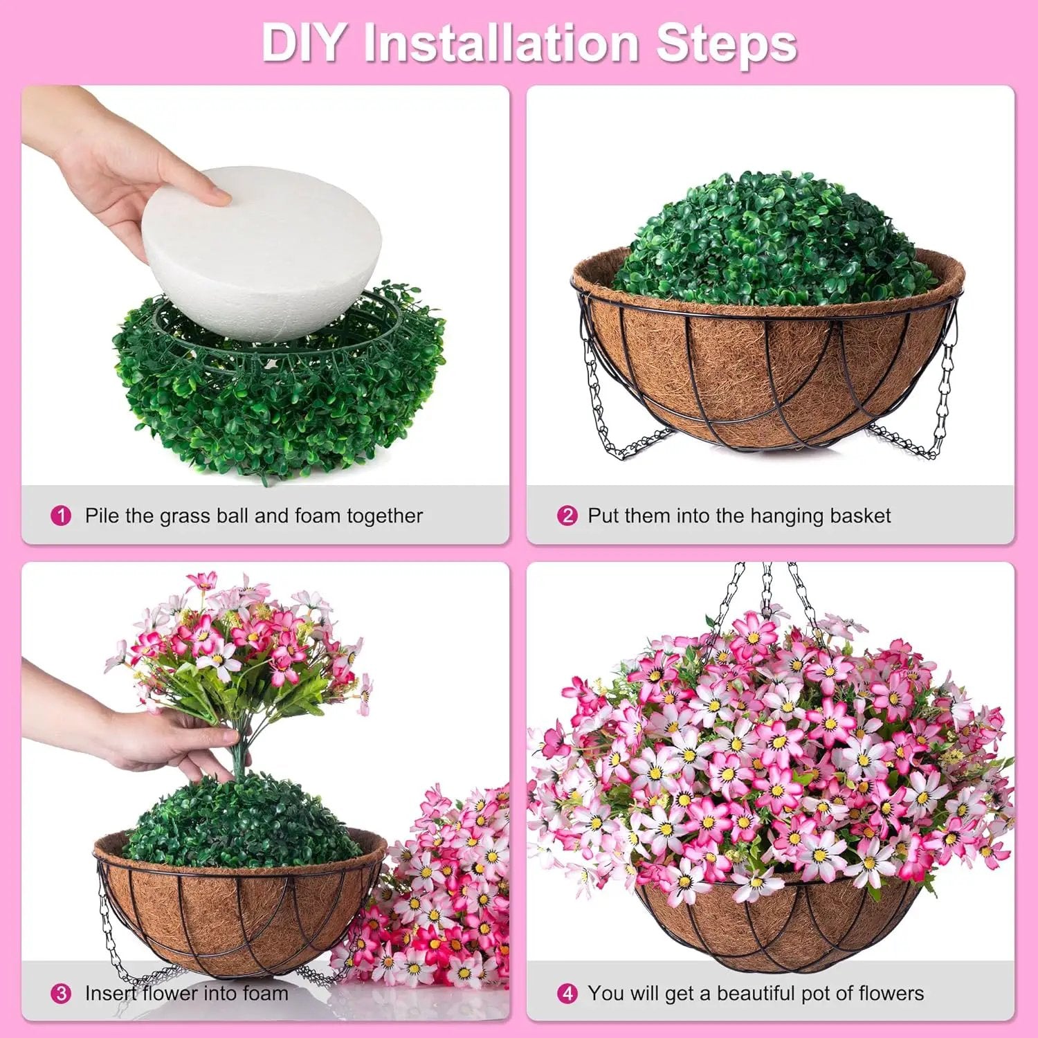 Artificial Silk Flowers Hanging Baskets Outdoors Indoors,Chrysanthemum with Eucalyptus Leaves Arrangement for Garden Yard Spring Summer Decor,Faux Plant in Metal Coconut Lining Flowerpot(Pink) by GreenHaven Gardens