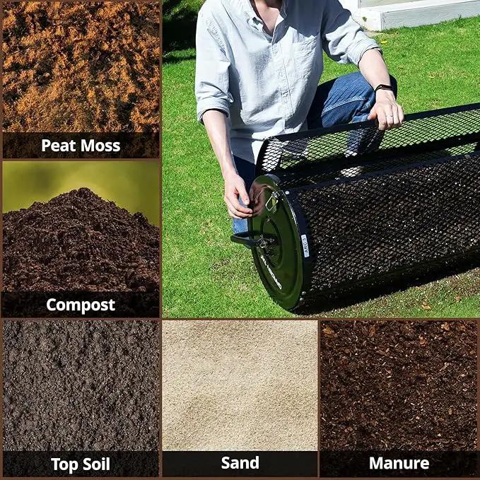Compost Spreader 36 Inch Towable Peat Moss Spreader with Installation Support Accessories, Metal Mesh Roller Lawn Spreader for Top Soil, Manure, Mulch, Top Dressing - Garden spreaders for lawns by GreenHaven Gardens