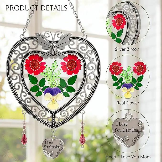 KY&BOSAM Tree of Life Heart Suncatcher I Love You Grandma Butterfly Hangings for Windows Suncatcher with Pressed Real Flower Heart and Charm Birthday Gifts for Women Mothers Day Christmas Ornament by GreenHaven Gardens