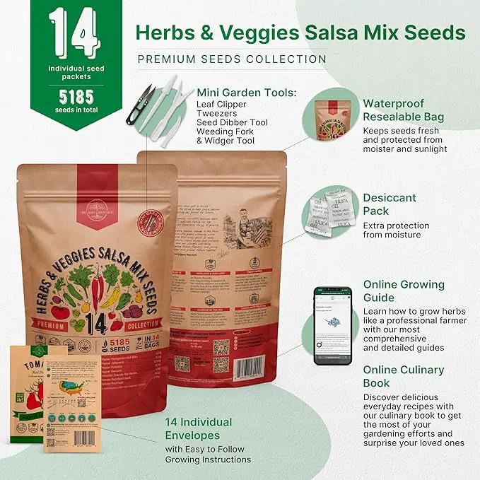 Organo Republic 14 Herbs & Veggies Salsa Mix Seeds Variety Pack - 5,180+ Non GMO Heirloom Herb, Tomato & Chili Pepper Seeds for Planting Outdoor & Indoor Home Gardening: Basil, Cilantro Onion, Peppers by GreenHaven Gardens