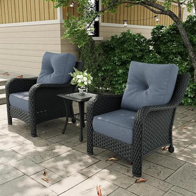 3 Pieces Outdoor Patio Furniture Sets with Single Chairs with 6-inch Thick Cushion and Side Table for Deck Lawn by GreenHaven Gardens
