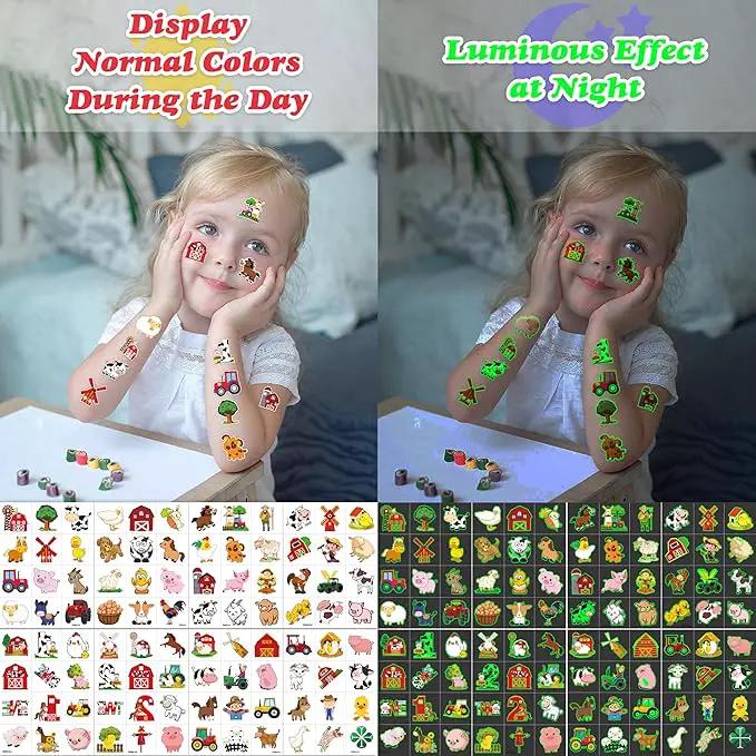 96 PCS Farm Barnyard Animal Glow In The Dark Pre-Cut Temporary Tattoos Sticker 1st First 2nd Birthday Decorations Party Favors Supplies Gift Boy Girl Farmhouse Tattoo School Reward Themed (Luminous) by GreenHaven Gardens