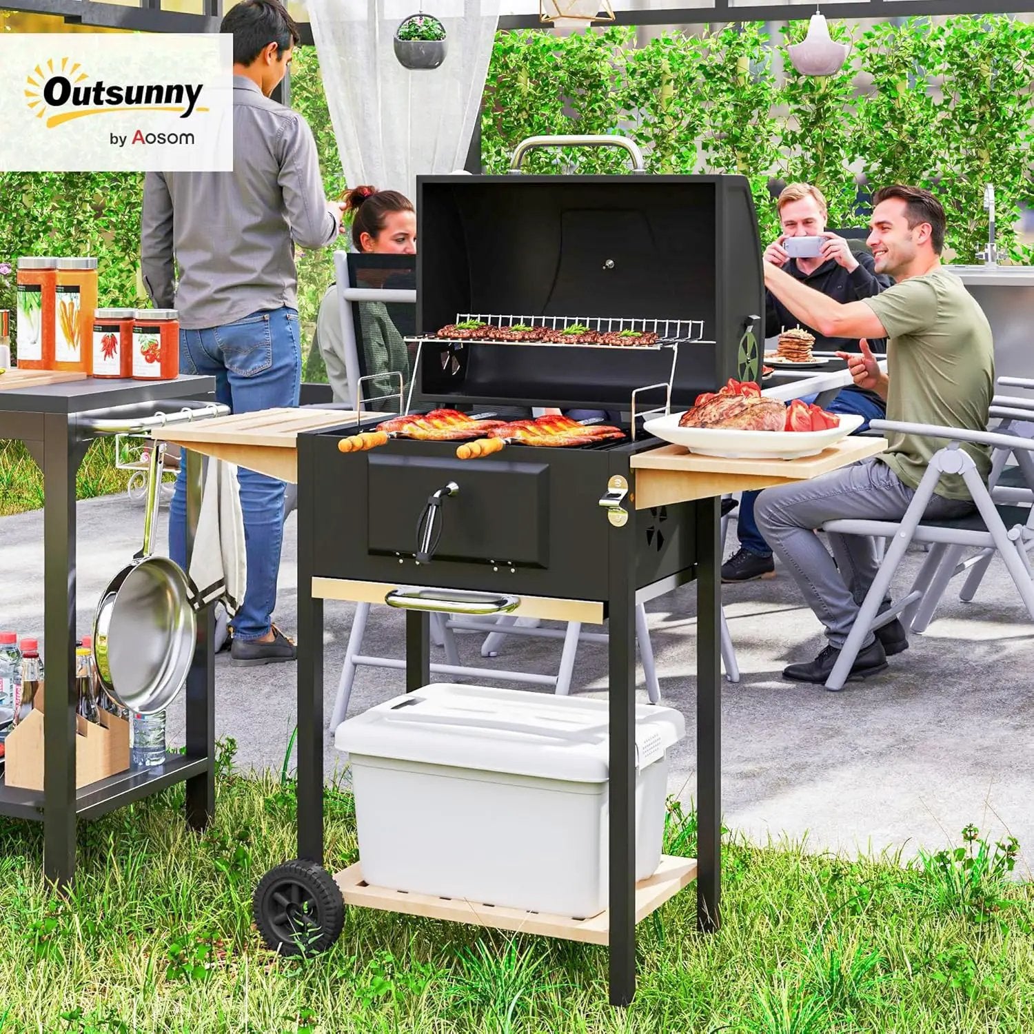 Outsunny Charcoal BBQ Grill with 245 sq. in. Cooking Area, Outdoor Barbecue Grill with Adjustable Charcoal Pan, 3 Shelves, Thermometer, Wheels for Patio, Backyard, Party, Picnic, Black by GreenHaven Gardens