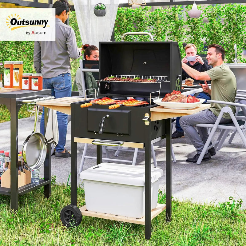 Outsunny Charcoal BBQ Grill with 245 sq. in. Cooking Area, Outdoor Barbecue Grill with Adjustable Charcoal Pan, 3 Shelves, Thermometer, Wheels for Patio, Backyard, Party, Picnic, Black by GreenHaven Gardens