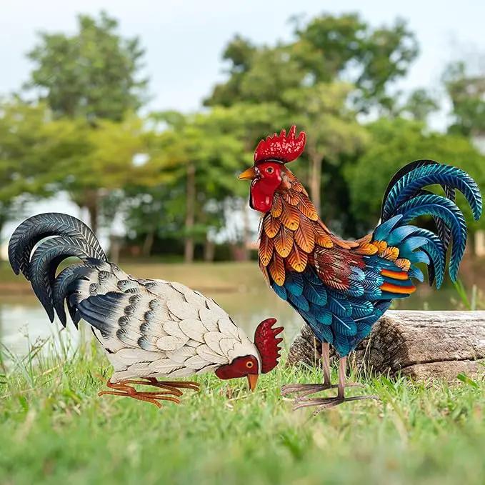 Shorayn Metal Rooster Statues, Outdoor Garden Statues, Metal Chicken Decor, Garden Sculptures & Statues, Chicken Ornaments Yard Art for Backyard Patio Lawn Decorations, Set of 2 by GreenHaven Gardens