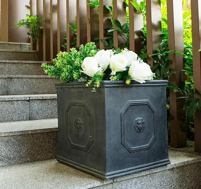 Kante Square Lion Head Concrete Planter, Classic English Style Plant Pot with Drainage Hole and Rubber Plug for Indoor Outdoor Garden Patio Home, 12.6"x12.6"x12.6" Antique Gray by GreenHaven Gardens