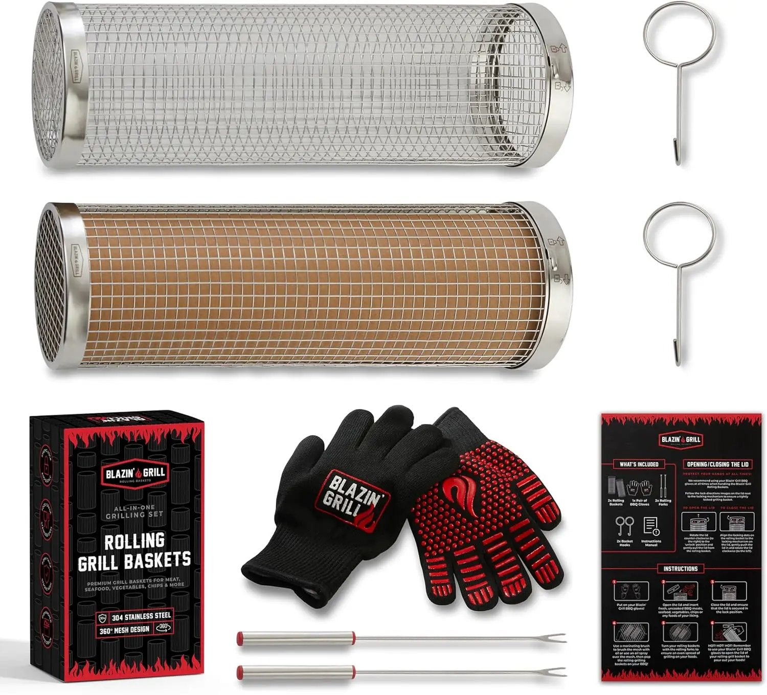 BLAZIN' GRILL Rolling Grill Basket | Rolling Grilling Baskets for Outdoor Grilling 2 Pcs | Barbecue Grill Set with BBQ Gloves | Portable Camping Net Rack Perfect for Vegetables, Seafood & Meat by GreenHaven Gardens
