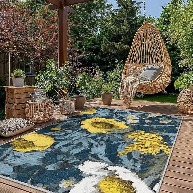 GENIMO Indoor Outdoor Area Rug 6' X 9' Waterproof, Washable Patio Rug Non Shedding, Easy Cleaning Floral Outdoor Carpet for Living Room, Bedroom, Dining Room, Balcony, Backyard, Deck, RV, Blue Yellow by GreenHaven Gardens