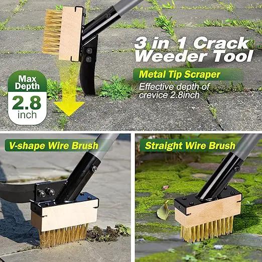 Walensee 3-in-1 Crack Weeder & Moss Remover Brush with 66.5-Inch Adjustable Handle, Weed Puller with 2 Replaceable Brush Heads and Scraper for Deck, Patio, Walkway, Driveway Crevice Cleaning Tool by GreenHaven Gardens