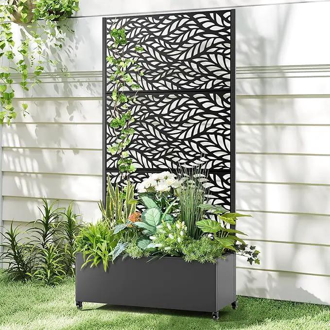 Raised Garden Bed with Trellis and Wheels,73"x35"x16" Metal Raised Garden Bed,Black Flowing Leaf Metal Planter with Climbing Trellis for Vines & Vegetables by GreenHaven Gardens