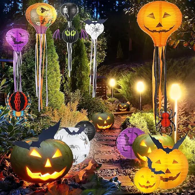 48 Pieces Halloween Decorations Paper Lanterns Pumpkin Skeleton Paper Lanterns 3D Bat Wall Stickers Spider Wall Hanging for Halloween Party Garden Bedroom Cobwebs Indoor Outdoor, 12 Inch and 8 Inch by GreenHaven Gardens