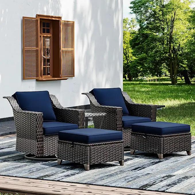 Joyside Wicker Patio Furniture Sets, 5 Pieces Upgraded Large Size Outdoor Furniture with Swivel Rocking Patio Chairs, Outdoor Ottoman and Side Table, Thick Cushions, Wide Armrest by GreenHaven Gardens