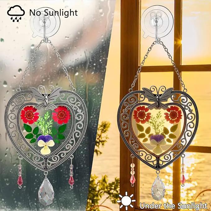 KY&BOSAM Heart Suncatcher Crystal Tree of Life Stained Glass Panles Real Flower Hangings for Windows Home Garden Outside Wind Chime Decor Birthday Gifts for Women Mother`s Day Christmas Ornament by GreenHaven Gardens