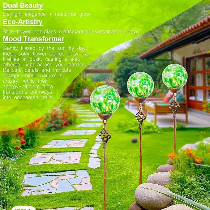 Garden Solar Lights, Decorative LED Honeycomb Glass Ball Garden Stake, Glass and Metal Outdoor Decoration, 4 x 31 Inch (Green) by GreenHaven Gardens