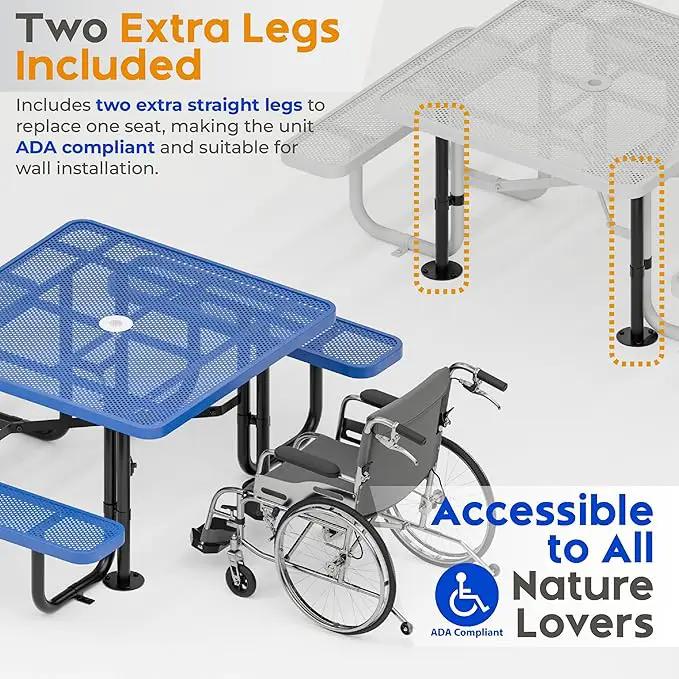 Metal Picnic Tables for Outdoors with Umbrella Hole - Coated Steel Heavy Duty Commercial Grade Table with Adjustable Seats (Blue, 46 in, Square, Punched Steel) by GreenHaven Gardens