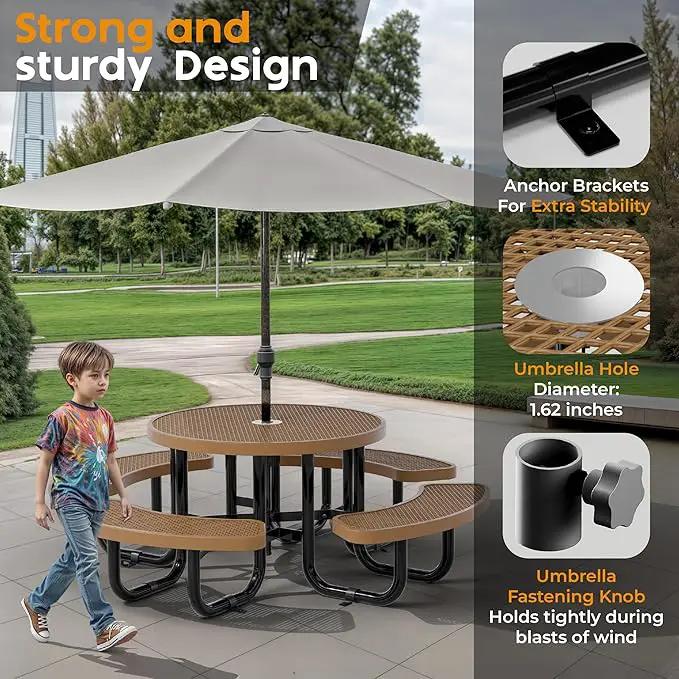 Metal Picnic Tables for Kids for Outdoors with Umbrella Hole - Coated Steel Heavy Duty Commercial Grade Table with Adjustable Seats (Brown, 38 in, Kids, Expanded Steel) by GreenHaven Gardens