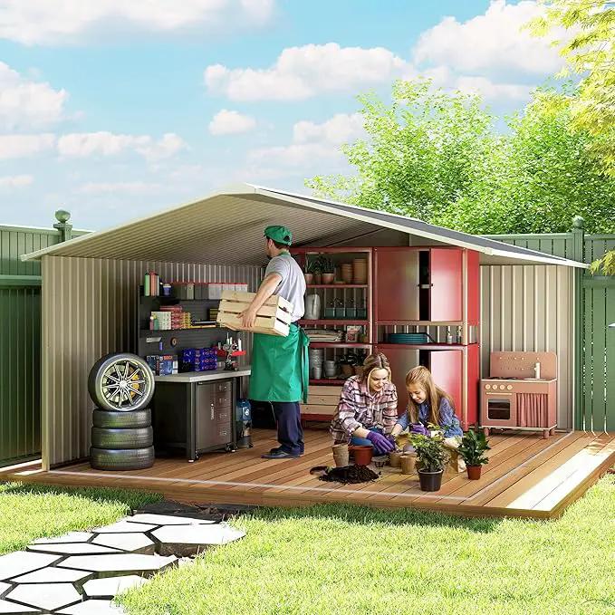 Outsunny 11' x 13' Outdoor Storage Shed, Garden Tool Metal Shed with Foundation Kit, Double Lockable Door, Air Vents and Sloping Roof, for Backyard, Patio, Lawn, Dark Gray by GreenHaven Gardens