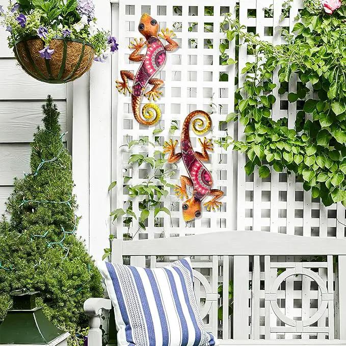 HONGLAND Metal Outdoor Wall Decor 2Pcs Gecko Wall Decoration Lizard Metal Hanging Wall Art Glass Sculpture for Garden Yard Patio Fence (Red)… by GreenHaven Gardens