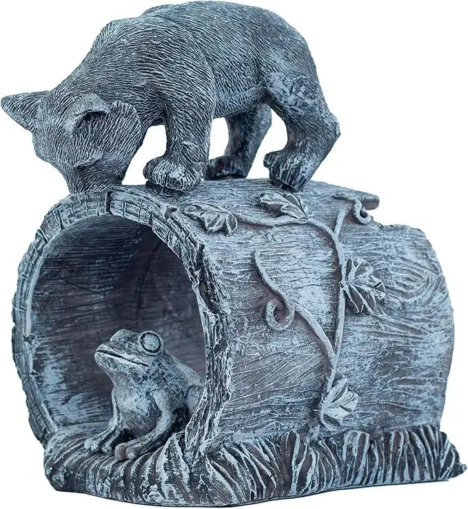 Gutter Downspout Extension - Downspout Splash Block - Downspout Diverter Garden Statue (Playful Chasing Kitty and Frog) by GreenHaven Gardens