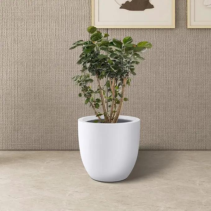 Kante 14 Inch Dia Round Concrete Planter, Indoor Outdoor Large Plant Pot with Drainage Hole and Rubber Plug for Home Patio Garden, Pure White by GreenHaven Gardens