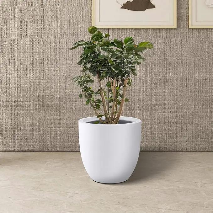 Kante 14 Inch Dia Round Concrete Planter, Indoor Outdoor Large Plant Pot with Drainage Hole and Rubber Plug for Home Patio Garden, Pure White by GreenHaven Gardens