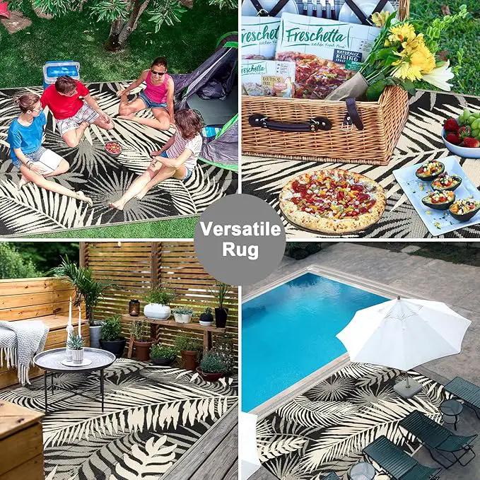 Outdoor Rug Waterproof for Patios Clearance, Reversible Outdoor Plastic Straw Rug Camping Carpet, Outside Floor Mats Large Area Rugs for RV,Patio,Deck,Porch,Beach, Balcony，8'x10',Black&Beige by GreenHaven Gardens