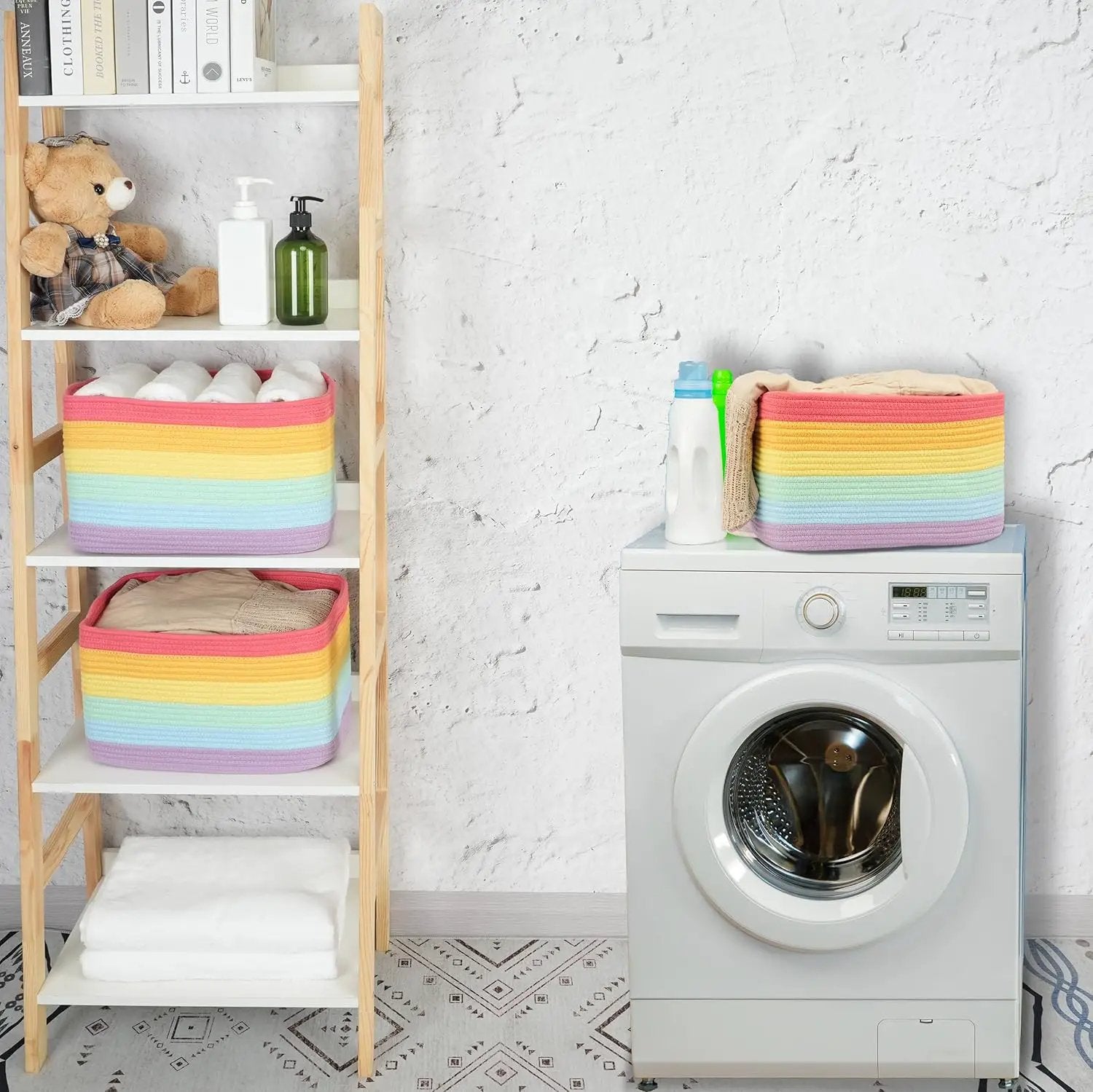 3-Pack Rainbow Storage Baskets 14.5X9.5X9.3“ – Woven Toy Organizer Bins for Kids, Baby Room, Nursery, and Classroom – Cute Square Rope Baskets for Shelves and Organization Rainbow by GreenHaven Gardens