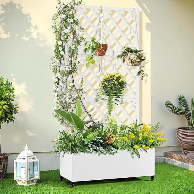 Metal Planter Trellis Box with Wheels & Drain Plug Outdoor Raised Garden Bed Patio Privacy Screen with Planter for Climbing Plants, Vegetables 73"x35"x16" White-Diamond by GreenHaven Gardens