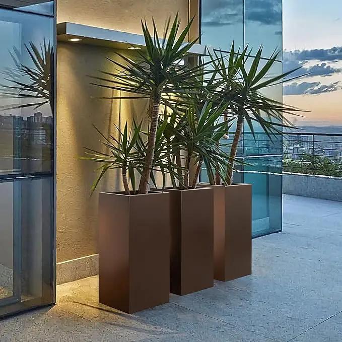 Large Planter for Outdoor Plant 14Lx14Wx30H Inches Metallic Heavy Tall Planter Box for Outdoor & Indoor, Rectangular Flowerpot 25Lbs/PC, Espresso, No Assembly and Seamless, Set of 2 by GreenHaven Gardens