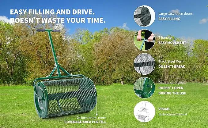 Compost Spreader- 24 inch Peat Moss Roller With improved T shape handle-Lawn & Garden Spreader For Top Dressing Compost, Fertilizer, Mulch And Soil- Strong and Lightweight material for basket by GreenHaven Gardens