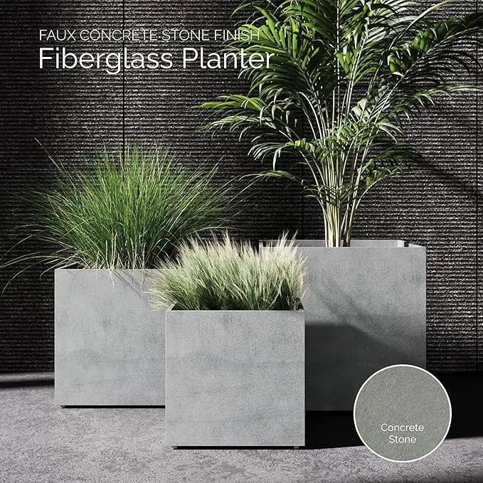 Reglito Cube Planter – Fiberglass Indoor/Outdoor and Weather-Resistant Large Planter (Concrete Stone, 19.7" L x 19.7" W x 20.3" H) by GreenHaven Gardens