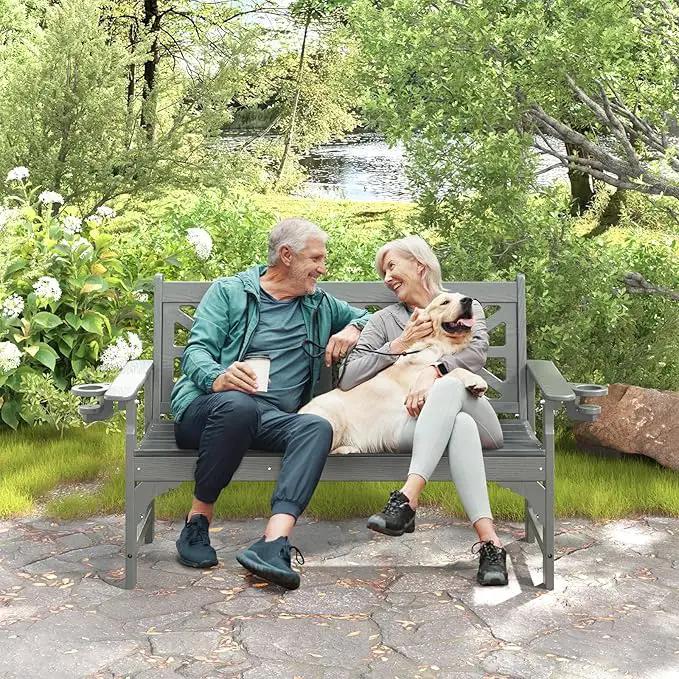 nalone Outdoor Bench with Cup Holders, HDPE All Weather Porch Bench Load up to 800 Lbs, 2-Person Garden Benches Rot-Proof Fade Proof for Patio, Porch, and Park (Grey) by GreenHaven Gardens