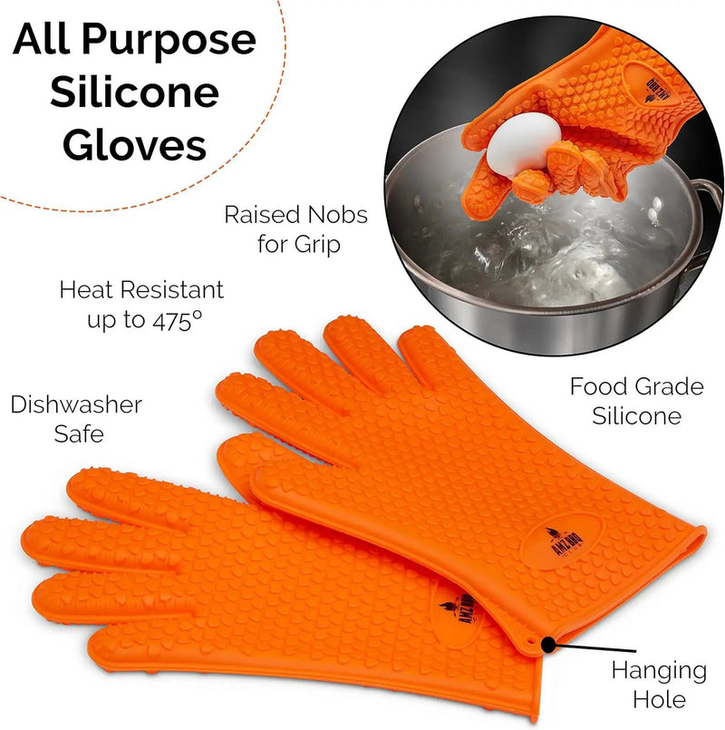 Meat Claws Bbq Grill Accessories Set - 2 Silicone Gloves, Claws For Pulled Pork, BBQ Thermometer - Perfect Smoker Accessories Grilling Tools Gift Set For (Orange Glove-Thermometer-Claw) by GreenHaven Gardens
