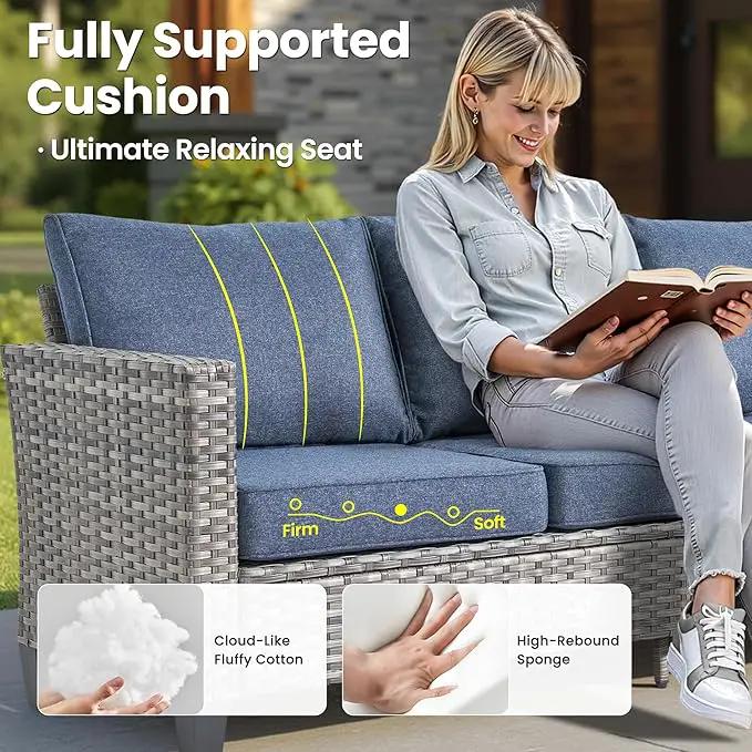 ovios 6 Pieces Patio Furniture Set with 30" Fire Pit Table, Outdoor Wicker Sofa with Comfy Cushions, All Weather High Back Rattan Couch Conversation Set, Denim Blue by GreenHaven Gardens