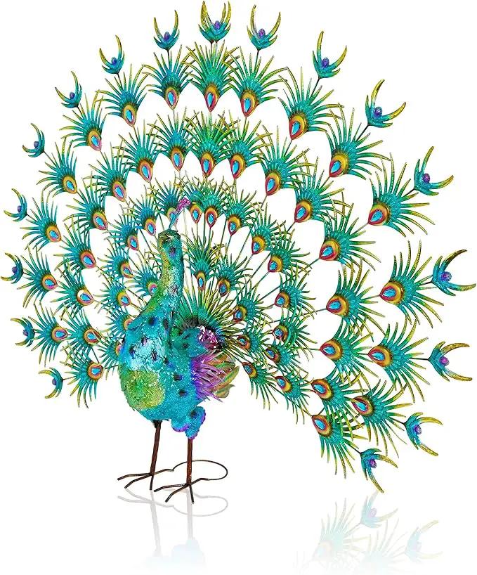 Alpine Corporation HEH376 Jumbo Sized Iron Majestic Peacock Decor, Elegant Garden & Patio Bird Statue, 55" H, Green by GreenHaven Gardens