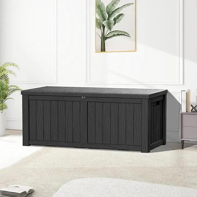 Extra-Large 150 Gallon Outdoor Chest Storage Waterproof - Outside Storage Box & Bench, Resin Deck Chest for Patio/Pool, Lockable UV-Resistant, Onyx Black by GreenHaven Gardens