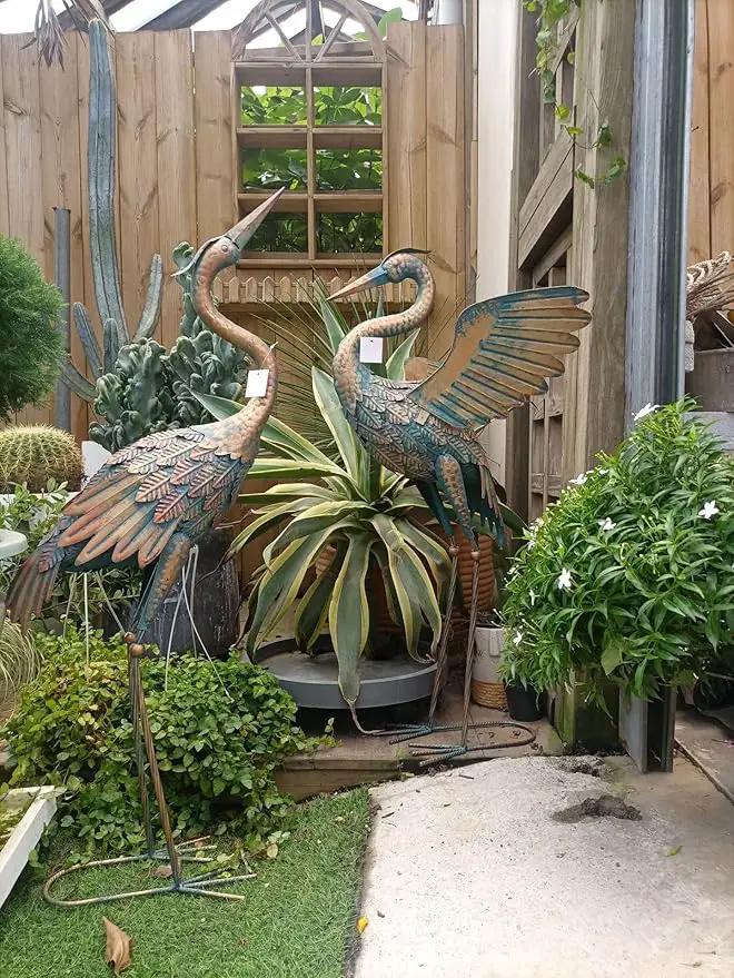 Garden Cranes Statue Retro Animal Sculpture Standing Metal Crane Garden Decoration Metal Yard Art for Yard Outdoor Decoration Set of 2 by GreenHaven Gardens