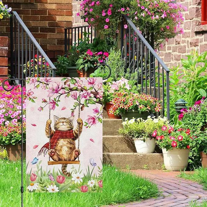 Heyfibro Spring Cute Cat Welcome Garden Flag 12x18 Inch Double Sided Burlap Butterfly Floral Yard Flag for Seasonal Holiday Farmhouse Outdoor Decor(ONLY FLAG) by GreenHaven Gardens