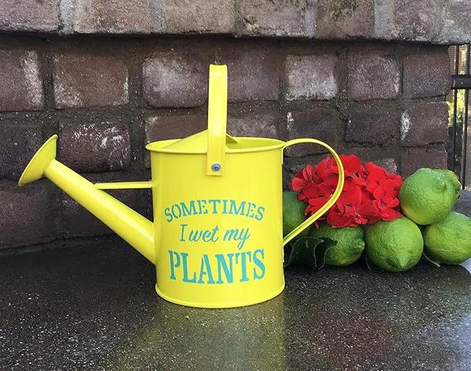 Small Indoor Watering Can - Gardening Gifts for Women -Sometimes I Wet My Plants- 1.6 L - Cute Watering Can for Gardeners - Yellow Galvanized Metal by GreenHaven Gardens
