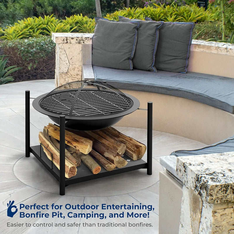 SereneLife Portable Outdoor Fire Pit - 2-in-1 Steel BBQ Grill and 26" Wood Burning Fire Pit Bowl with Mesh Spark Screen, Log Grate, Fire Poker, and Cover for Camping, Picnic, Bonfires by GreenHaven Gardens