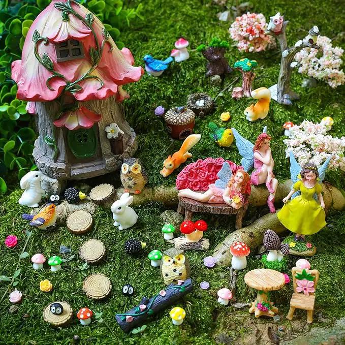 93 Pcs Fairy Garden House Resin Accessories Fairy Elves Kit Miniature Fairy Figurines Ornaments Fairy Animals Decor Outdoor for DIY Dollhouse by GreenHaven Gardens