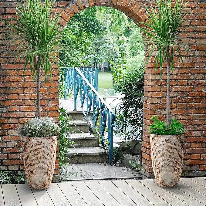 Worth 9 Gallon Tall Round Planters Set of 2-14" Dia x 21" H Stone Finish Flower Pots Indoor Decorative Container Garden Patio Unbreakable Beige by GreenHaven Gardens