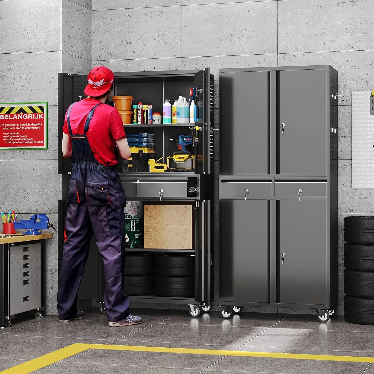 71''H Metal Garage Storage Cabinet with Wheels & 4 Pegboard,Rolling Tool Cabinet with Adjustable Shelves & 2 Lockable Drawer for Garage,Office,Home, Assembly Required,Black by GreenHaven Gardens