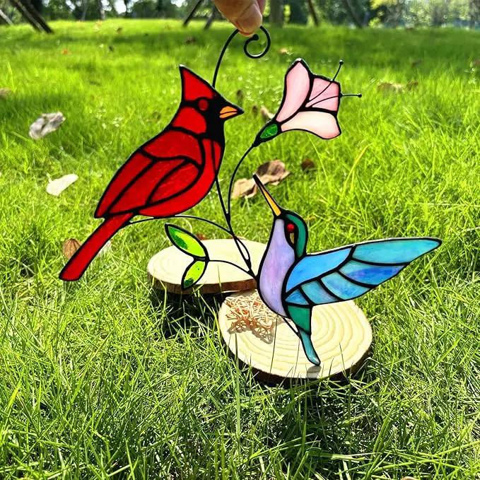 Stained Glass Red Cardinal with Hummingbird Suncatcher Window Hanging Ornament, Stain Glass Birds Sun Catchers for Window Decor,Red Cardinal Hummingbird Gifts for Women, Mom, Birds Lovers by GreenHaven Gardens